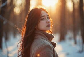 Portrait of a young korean woman wearing a fur-lined coat, standing in a snowy forest at sunset, with soft, warm lighting. photo