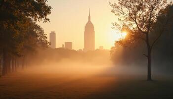 Morning fog in city park with skyline view of tall skyscraper through autumn trees photo