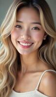 Close-up portrait of a young korean girl with natural makeup, gentle smile, and wavy hair, conveying warmth, beauty, and a relaxed expression. photo