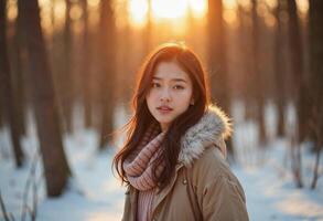 Portrait of a young korean woman with a fur-lined coat standing in a snowy forest, backlit by the warm glow of the setting sun. photo