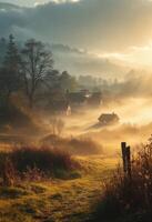 Serene Sunrise over Foggy Rural Village photo