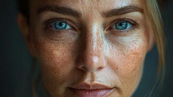 Commercial split-face image of a European woman, highlighting the contrast between youthful, flawless skin on one side and the signs of aging on the other, such as deep wrinkles, perfect for photo
