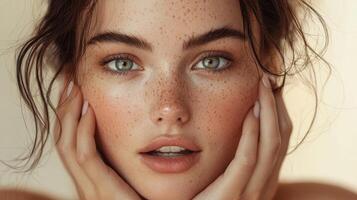 In a commercial setting, a close-up of a European woman with dark brown hair and clear skin, her surprised expression and soft hands touching her face make her perfect for a skincare or cosmetic photo