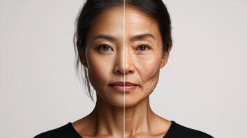 Advertisement image featuring a Southeast Asian woman face split into two halves, one side showcasing vibrant, youthful skin, and the other side illustrating the aging process with wrinkles photo