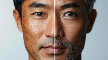 Advertisement image featuring an Asian man face split into two halves, one side showcasing vibrant, youthful skin, and the other side illustrating the aging process with wrinkles and sagging photo