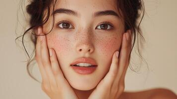 Advertisement image of a young Asian woman with freckles, showing an expression of astonishment with her mouth slightly agape and hands on her cheeks, her glowing skin emphasized by the warm photo