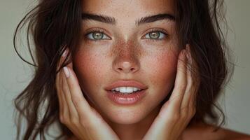 In a commercial setting, a close-up of a European woman with dark brown hair and clear skin, her surprised expression and soft hands touching her face make her perfect for a skincare or cosmetic photo