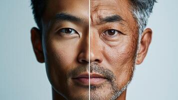 Advertisement image featuring an Asian man face split into two halves, one side showcasing vibrant, youthful skin, and the other side illustrating the aging process with wrinkles and sagging photo