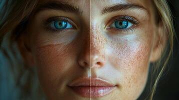 Commercial split-face image of a European woman, highlighting the contrast between youthful, flawless skin on one side and the signs of aging on the other, such as deep wrinkles, perfect for photo