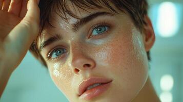 Commercial-style close-up of a European woman with short brown hair, examining a wrinkle on her forehead with a concerned expression, set in a modern, brightly lit bathroom, perfect for promoting photo