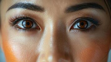 Advertisement close-up of a mature Asian woman's eyes, emphasizing the fine lines and natural skin texture around them, ideal for skincare or beauty brands targeting aging skin, the photo includes