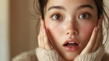 Advertisement image of a young Asian woman with freckles, showing an expression of astonishment with her mouth slightly agape and hands on her cheeks, her glowing skin emphasized by the warm photo