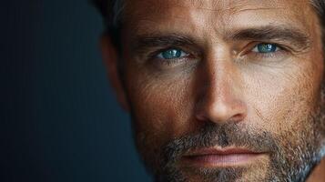 Commercial split-face image of a European man, highlighting the contrast between youthful, flawless skin on one side and the signs of aging on the other, such as deep wrinkles, perfect for visualizing photo