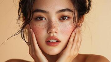 Advertisement image of a young Asian woman with freckles, showing an expression of astonishment with her mouth slightly agape and hands on her cheeks, her glowing skin emphasized by the warm photo