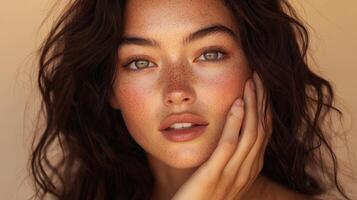 In a commercial setting, a close-up of a European woman with dark brown hair and clear skin, her surprised expression and soft hands touching her face make her perfect for a skincare or cosmetic photo
