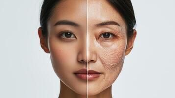 Advertisement image featuring an Asian woman face split into two halves, one side showcasing vibrant, youthful skin, and the other side illustrating the aging process with wrinkles and sagging photo
