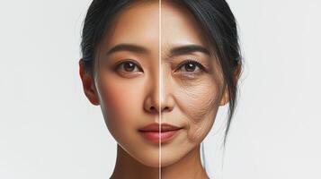 Advertisement image featuring a Southeast Asian woman face split into two halves, one side showcasing vibrant, youthful skin, and the other side illustrating the aging process with wrinkles photo