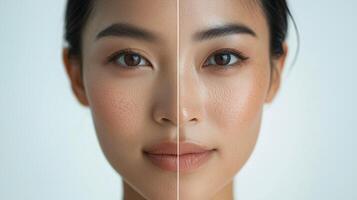 Advertisement image featuring a Southeast Asian woman face split into two halves, one side showcasing vibrant, youthful skin, and the other side illustrating the aging process with wrinkles photo