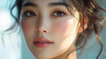 In a bright, minimalist setting, a close-up of an Asian woman with dark brown hair and clear skin, carefully applying cream to her face, her calm expression enhancing the appeal of the skincare photo