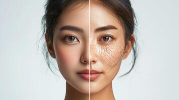 Advertisement image featuring an Asian woman face split into two halves, one side showcasing vibrant, youthful skin, and the other side illustrating the aging process with wrinkles and sagging photo