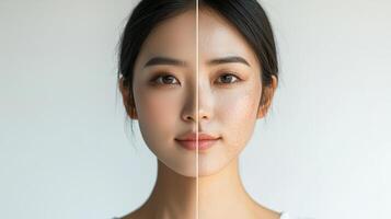 Commercial-style split-face image of a Southeast Asian woman showing the effects of aging, with the left side displaying youthful, smooth skin and the right side depicting aged, wrinkled skin, photo