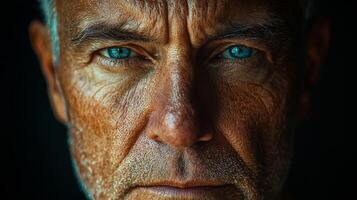 Commercial split-face image of a European man, highlighting the contrast between youthful, flawless skin on one side and the signs of aging on the other, such as deep wrinkles, perfect for visualizing photo