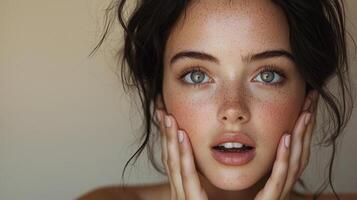In a commercial setting, a close-up of a European woman with dark brown hair and clear skin, her surprised expression and soft hands touching her face make her perfect for a skincare or cosmetic photo
