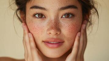Advertisement image of a young Asian woman with freckles, showing an expression of astonishment with her mouth slightly agape and hands on her cheeks, her glowing skin emphasized by the warm photo