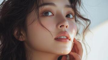 In a bright, minimalist setting, a close-up of an Asian woman with dark brown hair and clear skin, carefully applying cream to her face, her calm expression enhancing the appeal of the skincare photo