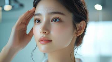 Bright and modern commercial shot of an Asian woman with brown hair, focusing intently on a wrinkle on her forehead, the clean and well-lit bathroom setting adding to the effectiveness of promoting photo