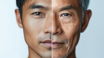 Advertisement image featuring a Southeast Asian man face split into two halves, one side showcasing vibrant, youthful skin, and the other side illustrating the aging process with wrinkles photo