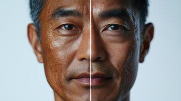 Advertisement image featuring a Southeast Asian man face split into two halves, one side showcasing vibrant, youthful skin, and the other side illustrating the aging process with wrinkles photo