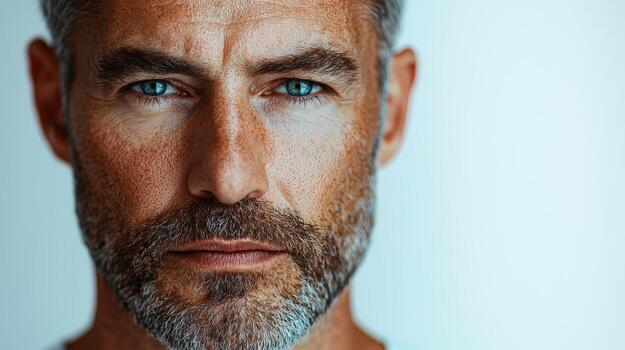 In a clean, minimalist setting, a European man face is divided into two halves, with one side showing smooth, youthful skin and the other displaying pronounced aging effects like wrinkles, photo