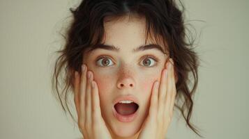 Commercial-style close-up of a young European woman with dark brown hair, expressing surprise with wide eyes and mouth open, her hands gently pressing against her cheeks, her flawless skin highlighted photo