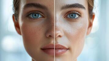 In a clean, minimalist setting, a European woman face is divided into two halves, with one side showing smooth, youthful skin and the other displaying pronounced aging effects like wrinkles, photo