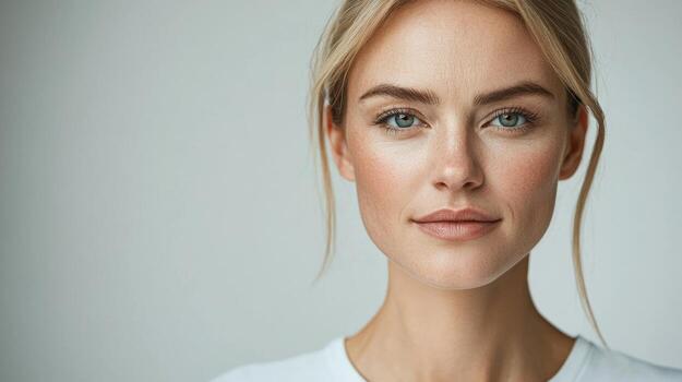 In a clean, minimalist setting, a European woman face is divided into two halves, with one side showing smooth, youthful skin and the other displaying pronounced aging effects like wrinkles, photo