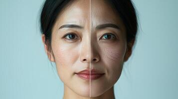 Commercial-style split-face image of an Asian woman showing the effects of aging, with the left side displaying youthful, smooth skin and the right side depicting aged, wrinkled skin, perfect photo