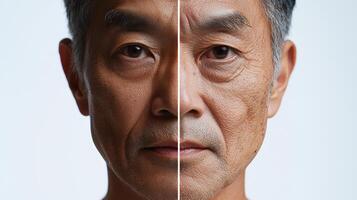 Advertisement image featuring a Southeast Asian man face split into two halves, one side showcasing vibrant, youthful skin, and the other side illustrating the aging process with wrinkles photo
