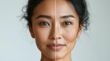 Advertisement image featuring a Southeast Asian woman face split into two halves, one side showcasing vibrant, youthful skin, and the other side illustrating the aging process with wrinkles photo