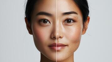 Advertisement image featuring an Asian woman face split into two halves, one side showcasing vibrant, youthful skin, and the other side illustrating the aging process with wrinkles and sagging photo