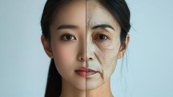 Commercial-style split-face image of an Asian woman showing the effects of aging, with the left side displaying youthful, smooth skin and the right side depicting aged, wrinkled skin, perfect photo