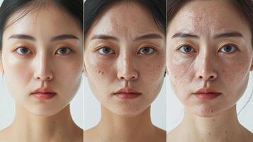 Three-part image showing the gradual aging process of an Asian woman's face, from youthful and smooth skin on the left, through moderate wrinkles in the middle, to deep lines and aged skin on photo