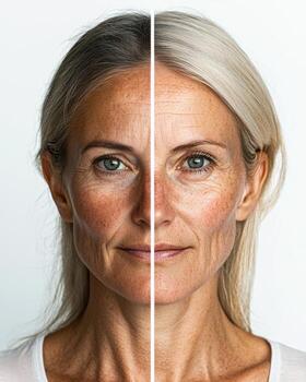 Split-face image of a woman showing the effects of aging, with the left side displaying smooth, youthful skin and the right side depicting aged skin with wrinkles and fine lines, the contrast photo