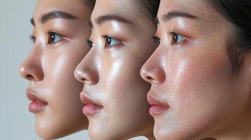 Three-panel close-up showing an Asian woman's face at different stages of aging, from smooth, youthful skin on the left to prominently aged skin on the right, with a white background highlighting photo