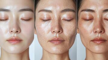 Three-panel close-up showing an Asian woman's face at different stages of aging, from smooth, youthful skin on the left to prominently aged skin on the right, with a white background highlighting photo