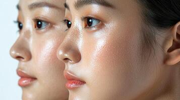Three-panel close-up showing an Asian woman's face at different stages of aging, from smooth, youthful skin on the left to prominently aged skin on the right, with a white background highlighting photo