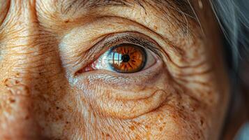 Extreme close-up of an older Asian woman's eyes, highlighting the intricate details of her wrinkles and skin texture, emphasizing the natural beauty of aging, set against a soft, neutral background photo