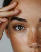 Extreme close-up of a woman's forehead, showing deep wrinkles as she pulls the skin apart with her fingers, emphasizing signs of aging and reduced skin elasticity, her dark hair slightly pulled photo