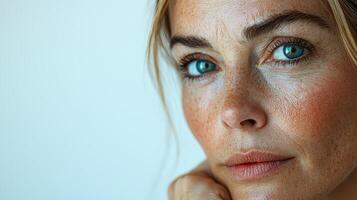Portrait of an American woman, focusing on the fine lines around her eye, her face showing a slight frown as she points to the wrinkles, with a clean white background emphasizing her concern photo