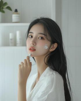 Portrait of a young Asian woman standing in a modern bathroom, focused on applying a small amount of face cream to her cheek, with a simple, white bathroom setting and a shelf in the background, photo